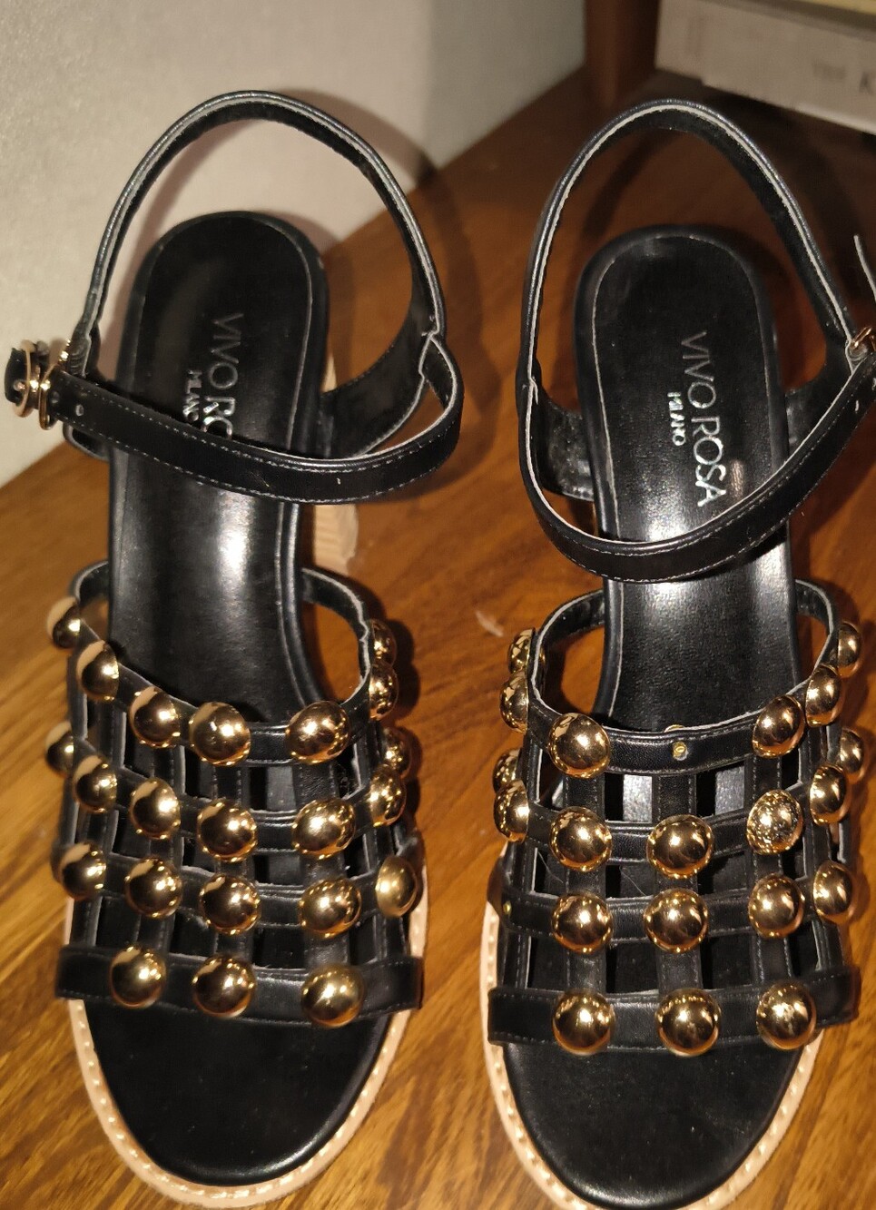 Vivo Rosa Milano Black & Gold Studded Caged Sandals - Size 9 (39) (FSH-006)